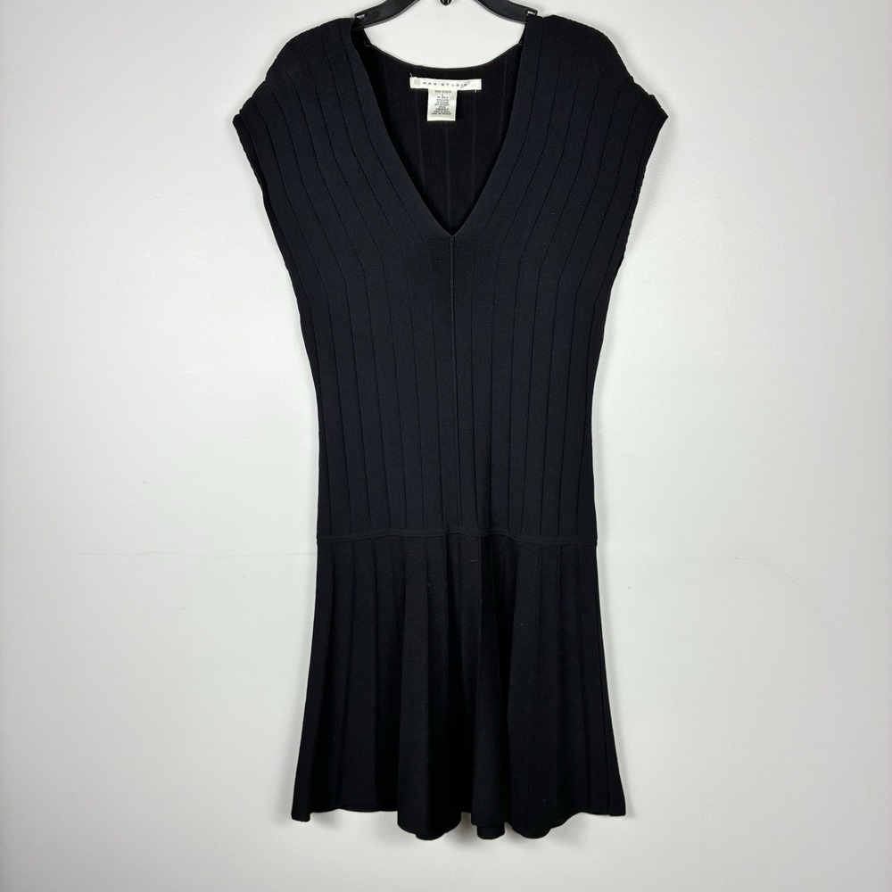 Max Studio Black Ribbed Knit Dress L Classic Elegant Work Minimalist Quiet Luxe
